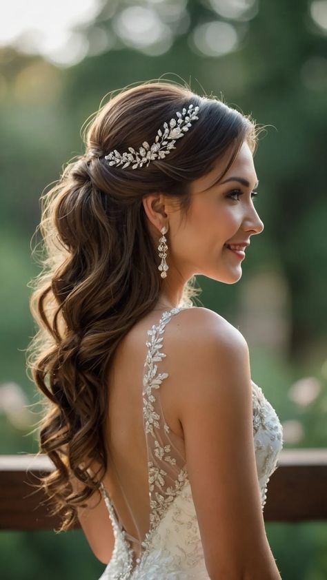 15 Stunning Bridal Hairstyles Ideas for Every Hair Type - Fads Makeup Ideas For Brunettes, Indian Veil, Veil Looks, Half Up Styles, Short Veils, Crown Braids, Sparkly Hair Accessories, Braids Easy, Betty Veronica