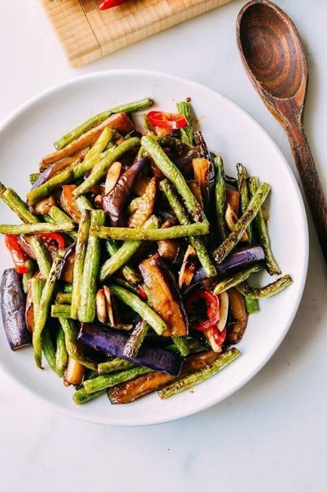 Eggplant String Bean Stir-fry Recipe - The Woks of Life Dry Fried Green Beans, Chinese Eggplant, Yummy Vegetable Recipes, Woks Of Life, The Woks Of Life, String Beans, Fried Green Beans, String Bean, Delicious Vegetables