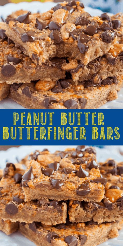 Peanut Butter Butterfinger Bars are a rich and chewy, easy dessert recipe! Fudgy, brownie like bars topped with crunchy Butterfinger bits and chocolate chips! #dessert #cookiebars #brownies #peanutbutter #butterfinger Butterfinger Bars, Butter Finger Dessert, Butterfinger Cookies, Easy Dessert Recipe, Fudgy Brownie, Fudge Recipes Easy, Dessert Bar Recipe, Quick Easy Desserts, Peanut Butter Chips