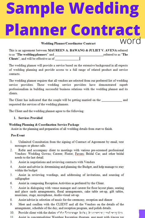 Download this sample Wedding Planner Contract in word format to edit it for your personnal uses. wedding planner contract template, contract for wedding, wedding contract, wedding planner contract, wedding planner contracts, wedding contract template, wedding coordinator contract, sample wedding contracts, wedding planning contract sample, event planner contract template free, wedding planner contract sample pdf Wedding Coordinator Contract, Wedding Planner Contract, Bridal Bouquet Handle, Hospitality And Tourism Management, Event Planning Contract, Wedding Contract, Gold Stacking Rings Wedding, Free Wedding Planner, Tourism Management