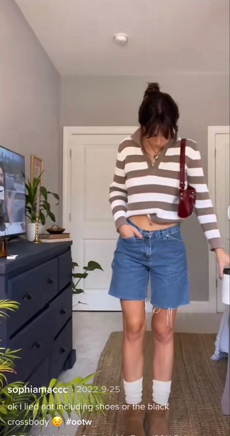 Striped Sweater, Cutoff Denim Shorts, Red Leather Purse, Platform Ugg Boots, Scrunched Up Socks Outfit, Aesthetic Spring Outfit, Warm Spring Outfit, Cool Spring Outfit, Spring Outfit Ideas, Heart Necklace Scrunched Up Socks, Platform Ugg Boots, Warm Spring Outfits, Platform Ugg, Outfit With Uggs, Socks Outfit, Outfit Cool, Purse Outfit, Red Leather Purse