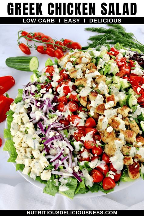 This easy and delicious Greek Chicken Salad is packed with Mediterranean inspired flavors. Tender marinated chicken, crisp veggies, and creamy Tzatziki based dressing come together to create an irresistible meal. Chicken Mediterranean Salad, Mediterranean Chicken Salad Recipes, Christian Recipes, Greek Chicken Salad Recipe, Greek Salad With Chicken, Mediterranean Chicken Salad, Greek Foods, Keto Salads, Chicken Salads