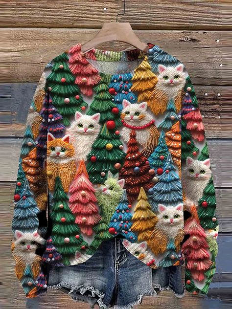 Christmas Cat Christmas Sweater, Diy Cat, Cat Christmas, Vintage Winter, Knit Pullover, Knitted Pullover Sweaters, Green Sweater, Cat Print, Christmas Cats