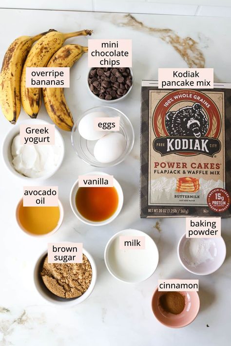 Kodiak Banana Bread (High Protein) - The Balanced Nutritionist Kodiak Jack Recipes, Protein Cornbread, High Protein Balanced Breakfast, Protein Pancakes Kodiak, Kodiak Sheet Pan Protein Pancakes, Banana Bread Recipe With Protein Powder, High Protein Banana Bread Recipe, Banana Bread With Kodiak Cakes, Banana High Protein Recipes