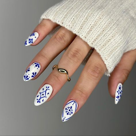 Portugal Inspired Nails, Philippines Nails, Pottery Nails, Porcelain Nail Art, Spanish Tile Nails, Talavera Nails, Mediterranean Nails, Portugal Nails, Talavera Nail Art