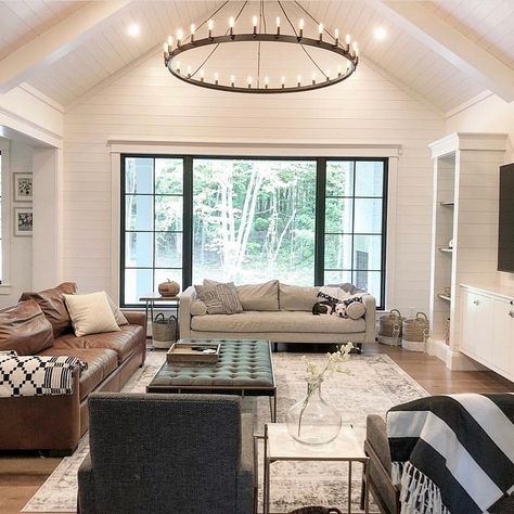 Two Story Great Room, Shiplap Ceiling, Black Window, Living Roofs, Style Deco, Living Room Windows, Living Room Remodel, Room Remodeling, Black Chandelier