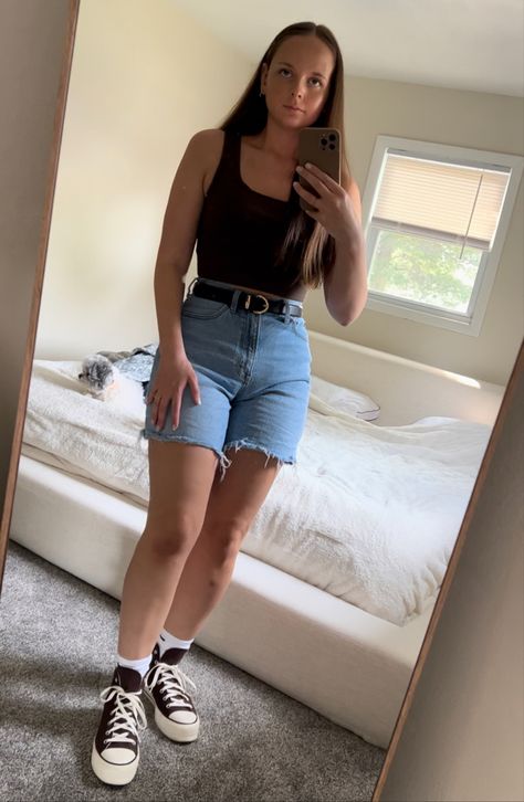 Summer outfits 2023. Jean shorts outfit. Platform converse outfit. Highcut Converse, Platform Converse Outfit, Jean Shorts Outfit, Jorts Outfit, Converse Outfit, Jean Short Outfits, Abercrombie (women), Dad Shorts, Platform Converse