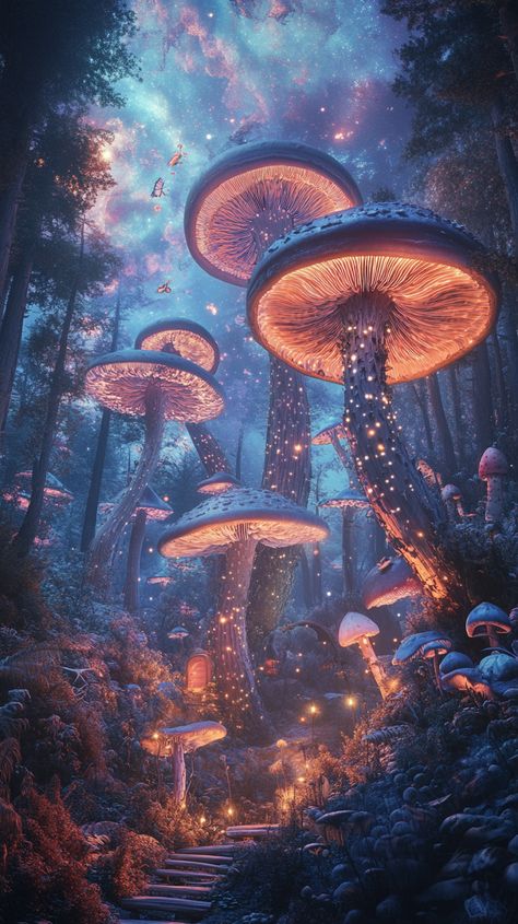 A surreal forest of giant, luminescent mushrooms, inhabited by whimsical creatures dancing in the twilight, with a sky swirling in pastel hues and shimmering stars. Glowing Mushroom Aesthetic, Glowworm Illustration, Fairy Magic Mystical Forest, Glowing Mushroom Forest, Enchanted Forest Aesthetic, Forest Whimsical, Surreal Forest, Mystical Experience, Wonderland Forest