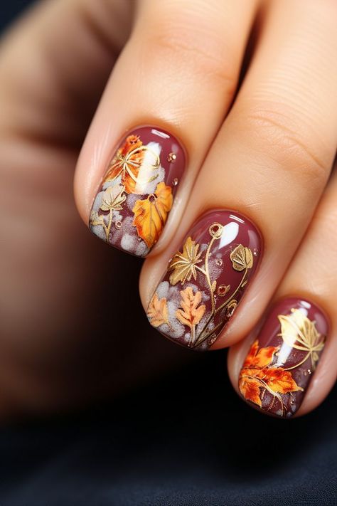 Thanksgiving Manicure, Foliage Nails, Leaves Nails, Nails Thanksgiving, Art Thanksgiving, Thanksgiving Nail Designs, Thanksgiving Nail Art, Thanksgiving Nail, New Years Eve Nails