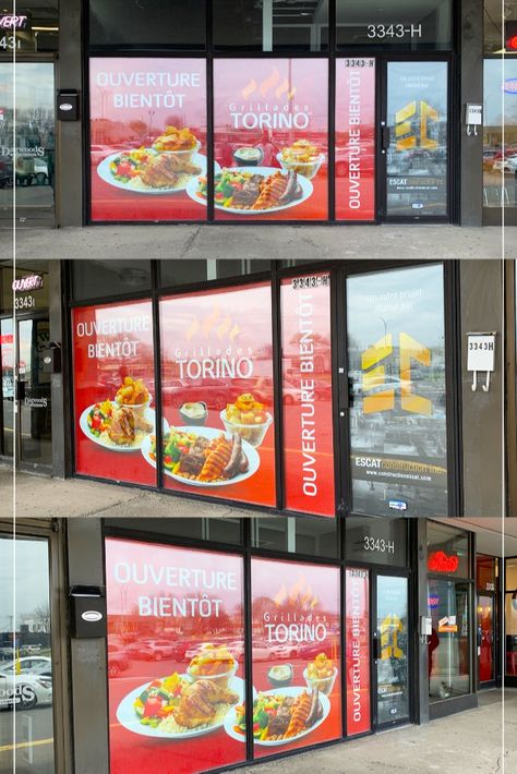 Storefront glass windows of a business covered with  graphic to advertise a soon-opening restaurant. Glass Facade Restaurant Design, Window Poster Design, Window Graphics Design, Restaurant Glass Sticker Design, Window Graphics Design Ideas, Restaurant Window Graphics, Restaurant Door Design, Pizzeria Aesthetic, Window Branding