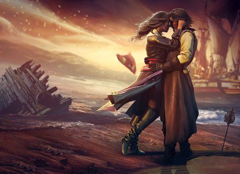 ArtStation - Kiss, Guilherme Batista Pirate Couple Art, Warrior Couple Art, Fantasy Couple Romantic, Pirate Love, Warrior Bride, Fantasy Art Couples, Art Couples, Modern Watercolor Art, Pop Art Fashion