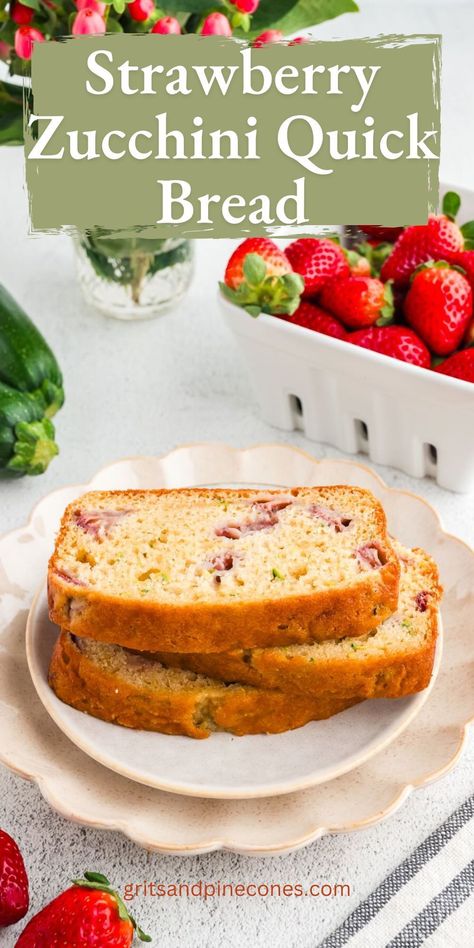 Make a delicious strawberry zucchini bread for a quick and easy breakfast, brunch, or dessert. This recipe is a delicious way to use your favorite produce during the summer! The zucchini gives the bread tons of moisture, and the strawberries add a bright pop of color and a sweet, juicy flavor. This is sure to become a favorite family recipe! Strawberry Zucchini Bread, Strawberry Zucchini, Easy Breakfast Brunch, Zucchini Bread Recipe, Bright Pop, Zucchini Bread Recipes, Recipes Sweet, Easy Strawberry, Quick Bread Recipes