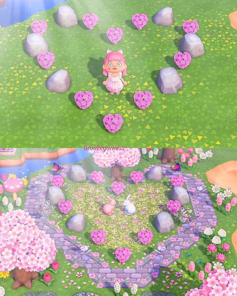 A pink flower & rockbed garden, complete with pink cherry blossom trees. And look at that custom floral path pattern! If you need more pink ACNH ideas then take a peek at our attached gallery Island Design Ideas, Fairy Island, Cottagecore Animal Crossing, Pink Island, Animal Crossing 3ds, Animal Crossing Memes, Animal Crossing Guide, Animal Crossing Qr Codes Clothes, Animal Crossing Wild World