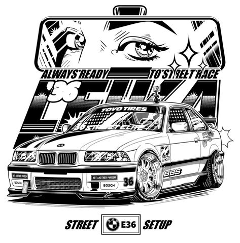 Cool Printed Shirts, E36 Bmw Drawing, Images To Print On Shirts, Bmw T Shirt Design, Street T Shirt Design, Back Of Shirt Design Ideas, Bmw Illustration, Bmw E 36, Car Drawing Ideas