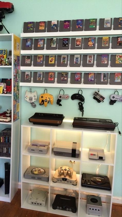 Crazy GameCube Video Games Collection Video Game Cube Shelf, Retro Gaming Display, Video Games Room Ideas, Old Game System Display, Game Console Storage Ideas, Game Room Display Shelves, Gaming Room Organization, Gaming Collection Display, Retro Video Game Display