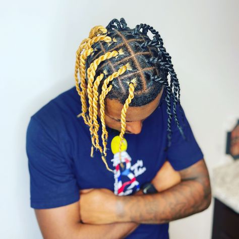 Senegalese Twist Men, 2 Tone Color Dreads Men, Dyed Two Strand Twist Men, 2 Strand Twist Men Dyed, Triangle Part Braids, Black And Blue Dreads, Mixed Hairstyles, Hairstyles For Black Men, Man Braids