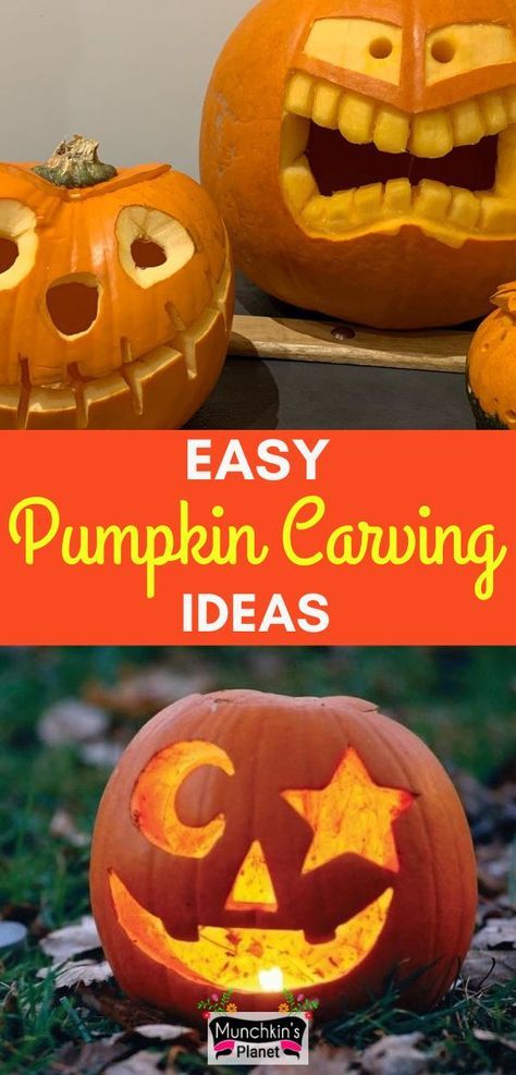 How to carve a pumpkin for Halloween. Here you’ll find simple and easy tutorial to make classic jack-o'-lantern design pattern step by step. Creative ideas for pumpkin carving in this simple guide. #pumpkincarving #jackolantern #halloweendecoration Hungry Pumpkin, Unique Pumpkin Carving Ideas, Monster Faces, Simple Paint, Carving Templates, Cute Pumpkin Carving, Creative Pumpkin Carving, Easy Pumpkin Carving, Carved Pumpkins