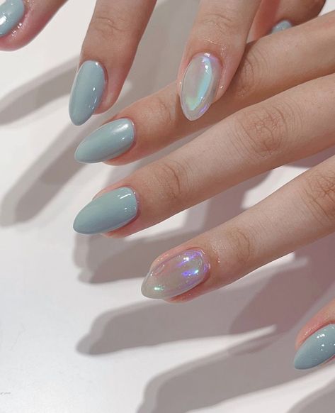 nail nails inspo 2022 ideas inspiration manicure blue polish accent nail Softgel Nail Design Blue, Light Blue Nails Simple Design, Light Blue Gel Nails Design, Light Blue Elegant Nails, Opaque Blue Nails, Light Blue Acrilyc Nails, Pearl And Blue Nails, Bridesmaid Nails Light Blue, Pearlescent Blue Nails