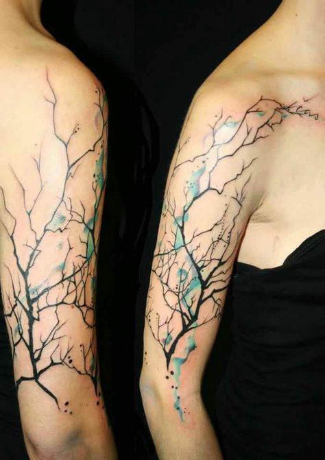 Guh, this is beautiful. Using watercolor effects with nature tattoos! Natur Tattoo Arm, Tree Sleeve Tattoo, Tree Branch Tattoo, Quotes Flowers, Blossom Tree Tattoo, Tattoo Sleeve Filler, Nature Tattoo Sleeve, Branch Tattoo, Awesome Tattoo