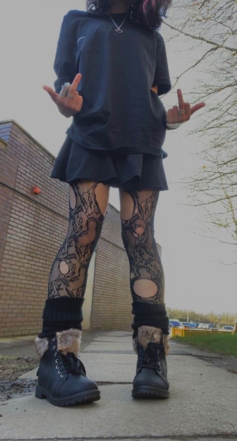 Wearing black, floral tights, short skirt with a black oversized t-shirt, fluffy boots and leg warmers. Ripped Pantyhose Outfit, Rings Shein, Ig Fits, Pantyhose Outfit, Ripped Tights, Ripped Leggings, Black Goth, Leg Warmers, Over Knee Boot