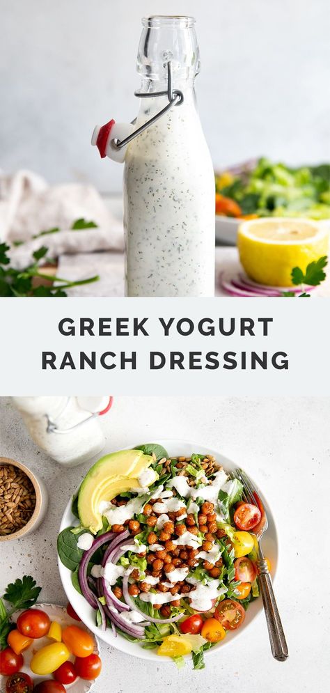 If you have some basic pantry seasonings, greek yogurt and milk, you can make this homemade Greek Yogurt Ranch Dressing – so much more flavorful than store-bought and made with simple ingredients and without buttermilk. This health rand recipe is so easy to make! No blender needed, just whisk everything together in a bowl! It's perfect for salads or used as a veggie dip. Yogurt Ranch Dressing Recipe, Greek Yogurt Salad Dressing, Greek Yogurt Ranch Dressing, Healthy Ranch Dressing, Yogurt Ranch, Yogurt Ranch Dressing, Greek Yogurt Ranch, Greek Yogurt Dressing, Homemade Greek Yogurt