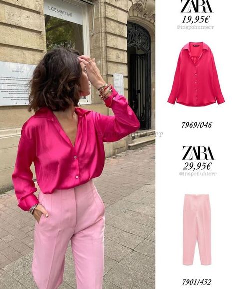 Barbiecore Work Outfit, Silk Pink Shirt Outfit, Fuchsia Blouse Outfit, Fuchsia Shirt Outfit, Pink Silk Shirt Outfit, Fushia Top Outfit, Blouse Outfit Work, Satin Top Outfit, Satin Shirt Outfit