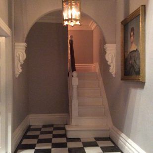 Emma Waddell House Hallway Ideas, Victorian Dollhouse Interior, Dollhouse Staircase, House Hallway, Dix Blue, Wimborne White, Dollhouse Decorating, White Stairs, House Staircase