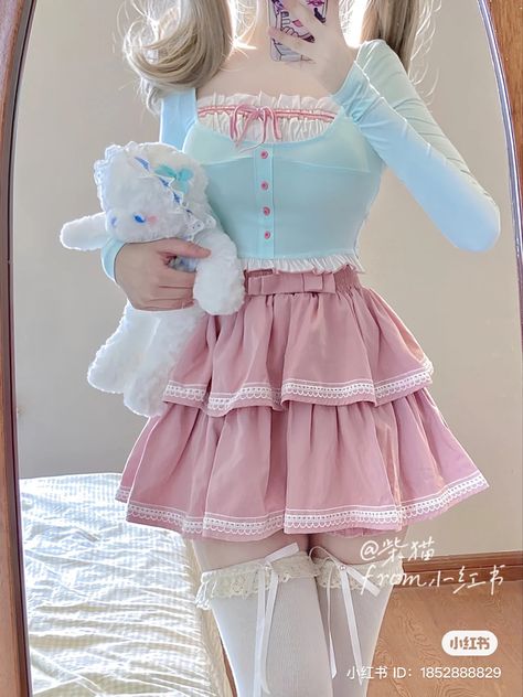 Cute Fits Korean, Clothes Pink Aesthetic, Kawaii Diy Clothes, Summer Kawaii Outfits, Simple Kawaii Outfits, Pink Blue Outfit, Cute Kawaii Clothes, Cutesy Outfit, Kawaii Outfit Ideas