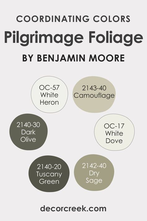 Coordinating colors enhance the primary shade, creating a harmonious palette. For Pilgrimage Foliage 2175-20, the coordinating colors include: OC-17 White Dove: A soft, versatile white. OC-57 White Heron: A crisp, radiant white. BM 2140-30 Dark Olive: A deep, muted green. Additionally, hues like BM 2140-20 Tuscany Green, BM 2143-40 Camouflage, and BM 2142-40 Dry Sage also resonate well with Pilgrimage Foliage. Dry Sage, White Heron, Trim Colors, Muted Green, Paint Colors Benjamin Moore, Benjamin Moore Paint, White Dove, Green Colour Palette, White Doves