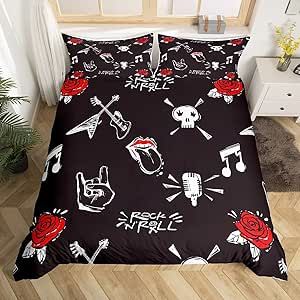 Comforters Teen, Rock And Roll Bed, Cover Music, Rose Skull, Designer Bedding Sets, Skull Decor, Twin Size Bedding, Duvet Covers Twin, Comforter Cover