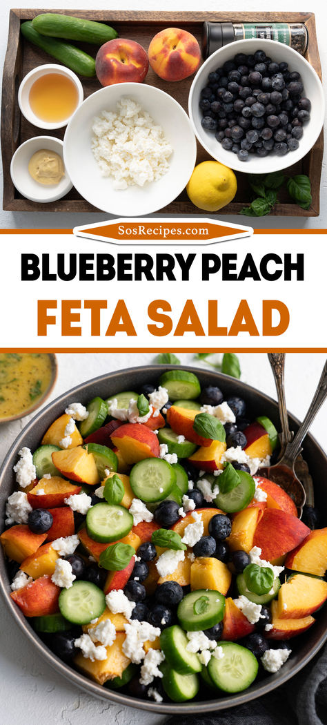 The tastes of the blueberry peach feta salad are perfectly balanced between sweet, salty, and fresh! This summer, serve this simple and delectable salad with a lemon-basil vinaigrette! Blueberry Peach Feta Salad, Peach Feta Salad, Lemon Basil Vinaigrette, Blueberry Salad, Basil Vinaigrette, Peach Blueberry, Persian Cucumber, Lemon Basil, Bridal Shower Food