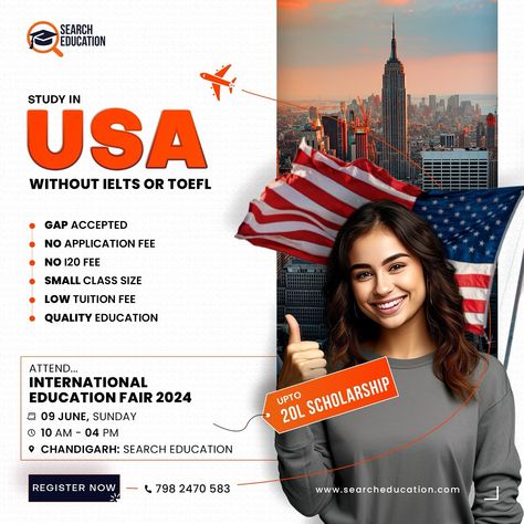 Global Study Opportunities at the International Education Fair 2024! Meet top universities & colleges from the USA on 9th June in Chandigarh. Explore world-class programs, seek admission advice, and fast-track your dreams of studying abroad. 🗓️ Save the date: 9nd June 2024, Chandigarh ⏰ Timing: 10:00 AM - 05:00 PM 📍Venue: Sunday, SCO 491, First Floor, Above Airtel Store, 35C, Chandigarh 📲Book Your Seat Now: Link in Bio 🔗 📞Chandigarh: +91 798 247 0583 #studyinus #studyinusa #studyinusa #s... Vishu Greetings, Program Poster, Study In Usa, College Poster, Education Poster Design, Studying Abroad, Graphic Design Lessons, Top Universities, Education Poster