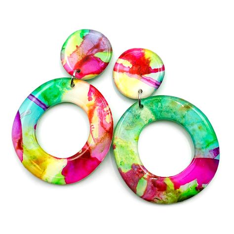 Resin Earring, Earring Hoop, Yupo Paper, Large Hoop Earrings, Green Glitter, Pink Tone, Circle Earrings, Jewelry Earrings Hoops, Organic Shapes