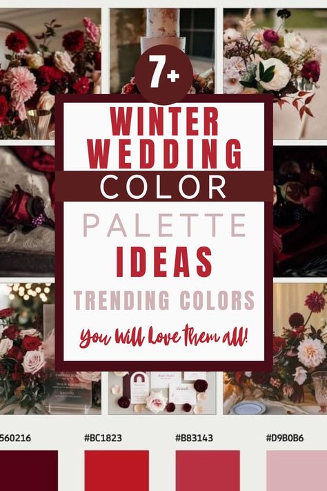 Bridesmaid Dress Colors Winter, Winter Desert Wedding, Winter Wedding Colors Schemes Colour Palettes, January Wedding Color Palette, Red Wedding Color Schemes, Christmas Wedding Colors, Winter Wedding Palette, Wedding Color Theme Ideas, Wedding Palette Ideas