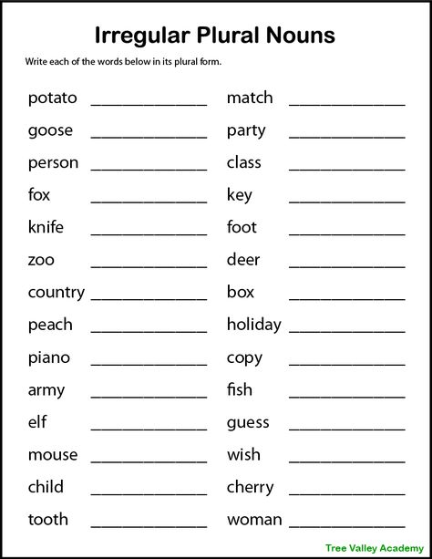 Free printable regular and irregular plural nouns worksheet. There are 28 words that end in Y, F, FE, CH, SH, X, S, O, and irregular plural nouns. Kids will need to write each noun in its plural form. Perfect for 3rd grade and older. Pdf includes answer page. Regular Nouns Plural, Singular Plural Worksheets For Grade 2, Plural Worksheets Grade 2, Plural Nouns Worksheet Grade 3, Singular To Plural Worksheet, English Plurals Worksheets, Irregular Nouns Plural, Singular Nouns And Plural Nouns, Irregular Plurals Worksheet