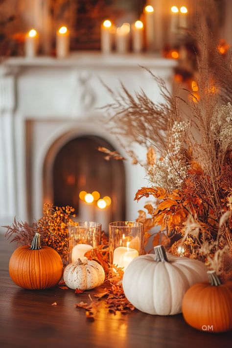 Fall living room decor featuring pumpkins, candles, dried leaves, and floral arrangements. Cozy autumn vibes with a lit fireplace in the background. Autumn Ambiance, Rustic Arrangements, Autumn Cottage, Fall Decorating Ideas, Orange Throw Pillows, S Aesthetic, Living Room Loft, Hobby Room, Small Space Gardening