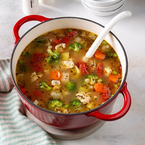 I experimented with different variations, and this is the best chicken vegetable soup recipe I came up with. It's especially good to take to potlucks or share with friends. I often take a bowl to work to heat up for a fast lunch. —Bertha Vogt, Tribune, Kansas Stone Soup Recipe, Soups With Chicken, Different Soups, Creuset Recipes, Chicken Vegetable Soup Recipes, Chicken Vegetable Soup, Wild Rice Soup Recipes, Chowder Recipes Seafood, Leftover Recipes