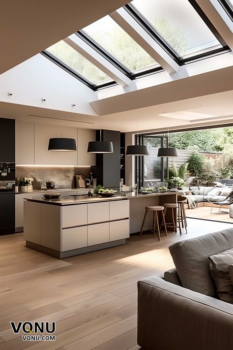 A modern open-concept kitchen with expansive skylights, a sleek island, and seamless indoor-outdoor connectivity. The minimalist design and natural light create a bright and airy atmosphere. Extension Veranda, Side Return Extension, Skylight Kitchen, Zen Garden Design, Room Extensions, Glass Extension, House Extension Design, House Extension, Patio Interior