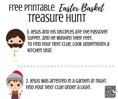 Free printable Christ-Centered Easter basket scavenger hunt for Easter morning - A treasure hunt is a great way to find your Easter basket. This hunt for kids, tweens, or teens uses the main points of the Easter story of Jesus as clues. Awesome Christian fun in riddles. Great for families at home. Religious and Bible-based. Easy clues using both indoor and outdoor spots. Easter Basket Scavenger Hunt, Christ Centered Easter Basket, Easter Basket Hunt, Religious Easter Crafts, Easter Scavenger Hunt Clues, Easter Decor Crafts, Easter Egg Scavenger Hunt, Kindergarten Easter, Preschool Ministry