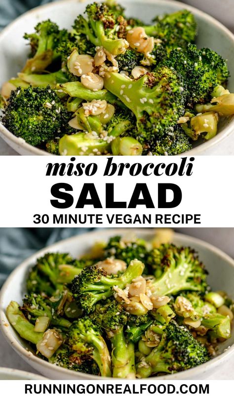 Enjoy a bold umami flavor in this easy-to-make roasted broccoli salad with creamy miso dressing. Perfect as a side dish or main course. Miso Broccoli, Roasted Broccoli Salad, Vegan Broccoli Salad, Breakfast Sides Dishes, Asian Dish, Broccoli Salad Recipe, Healthy Vegan Breakfast, Grain Salad, Miso Dressing