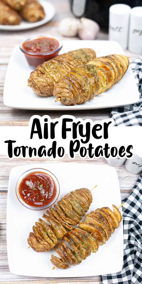 Air Fryer Tornado Potatoes Ribbon Potatoes Air Fryer, Fried Tornado Potato Recipe, Air Fryer Potato Spirals, Potato Skewers Spiral, Different Ways To Use Potatoes, Tornado Potato Skewers, Air Fryer Spiralized Potatoes, Accordion Potatoes Air Fryer, Tornado Potatoes Recipe