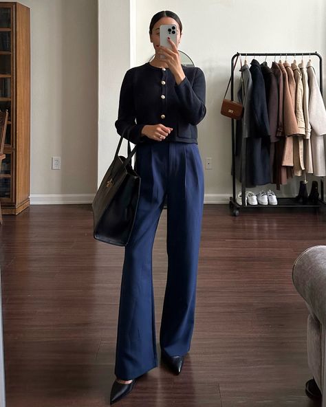 life with jazz, workwear, styling navy, navy trousers, black sweater jacket, black heels, pointed heels, leather tote, smart casual Blue Tailored Pants Outfit, Navy Heels Outfit, Navy Trousers Outfit Women, Navy Blue Trousers Outfit, Navy Trousers Outfit, 2023 Workwear, Blue Trousers Outfit, Navy Pants Outfit, Trouser Pants Outfits