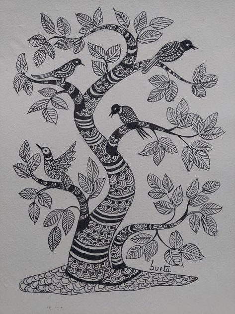 Tree Of Life Gond Art, Gond Art Black And White, Gond Art Trees, Gond Painting Folk Art Tree Of Life, Madhubani Art Black And White, Gond Art Easy, Gond Art Motifs, Gond Art Peacock, Gond Painting Folk Art