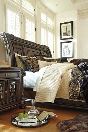 Valraven Queen Sleigh Bed | Ashley Furniture HomeStore Sleigh Bed Bedroom Ideas, Antique Makeover, California King Sleigh Bed, Bed Antique, King Sleigh Bed, Queen Sleigh Bed, Wooden Bed Design, Sleigh Bed, Queen Panel Beds