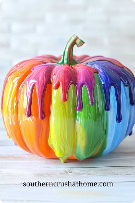 Pumpkin painted with rainbow colors dripping down, set against a light background. Melting Crayons On Pumpkins, Unique Pumpkin Decorating Ideas, Cool Pumpkins, Unique Pumpkin Decorating, Cool Pumpkin Designs, Decorating Pumpkins, Rainbow Pumpkin, Pumpkin Decorating Ideas, Melted Crayons