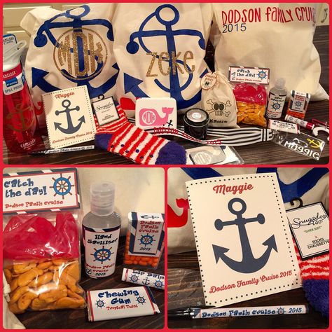 Family Cruise goody bags!! What's in it: journal, pen, socks, water bottle, first aid kit, monogrammed stickers, lanyard, Pirates booty, goldfish &  Swedish fish, gum, tic tacos, Chapstick, hand sanitizer, water bottle clip, tiny bottles for sand. Cruise Lanyard Ideas, Cruise Goodie Bags Gift Ideas, Cruise Gift Bag Ideas, Family Reunion Cruise, Gift Exchange Ideas, Disney Cruise Fish Extender, Disney Cruises, Tiny Bottles, Cruise Ideas