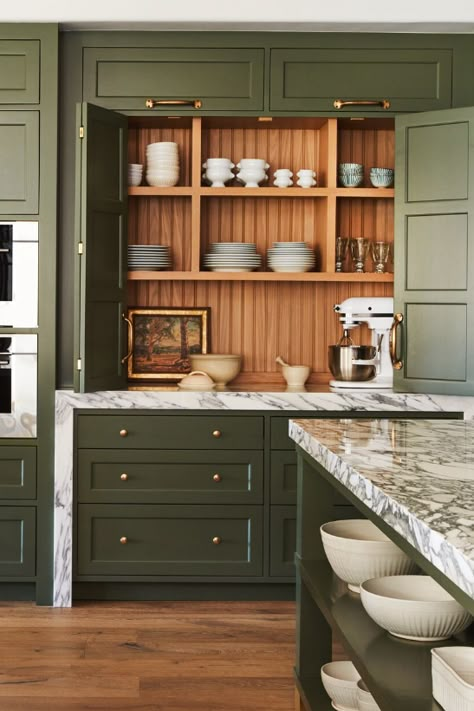 Bold Marble, Double Islands, Sage Green Kitchen, Green Kitchen Cabinets, Mini Bars, Green Cabinets, Cozy Kitchen, Vintage Elegance, Kitchen Redo