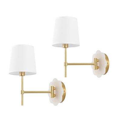 Illuminate your space with sophistication and practical elegance! This swing-arm wall sconce seamlessly marries functionality with artistic beauty, featuring a captivating flower-inspired back plate crafted from exquisite alabaster. | Mercer41 Veronie Iron Armed Sconce in White / Yellow | 13 H x 6 W x 11.5 D in | Wayfair Golden Lighting, Metal Canopy, Bathroom Sconces, Modern Wall Sconces, Wall Fixtures, Back Plate, Fabric Shades, Shop Lighting, New Room