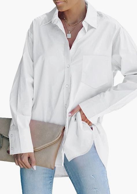 Womens Button Down Dressy Long Sleeve Blouses Tops Casual Loose Fit Shirts Plus White Dress Shirt Women, Shirts Plus Size, Long Sleeve Blouses, Linen Shirts Women, White Collared Shirt, Loose Fit Shirts, Oversize Casual, White Button Down Shirt, Tops Casual