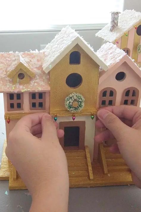 Village Houses Christmas, Diy Christmas Houses Village Wood, Cake Plate Decor Display Christmas, Birdhouse Christmas Village, Wood Christmas Village Diy, Cardboard Christmas Village Diy, Diy Wooden Christmas Village, Wooden Christmas Houses Diy, Miniature Christmas Village Diy